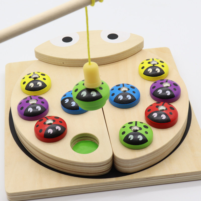 Baby Fishing Toys Children's Magnetic Wooden Puzzle 1-2-3 Years Old Boys and Girls Catch Ladybug Game Shape Matching