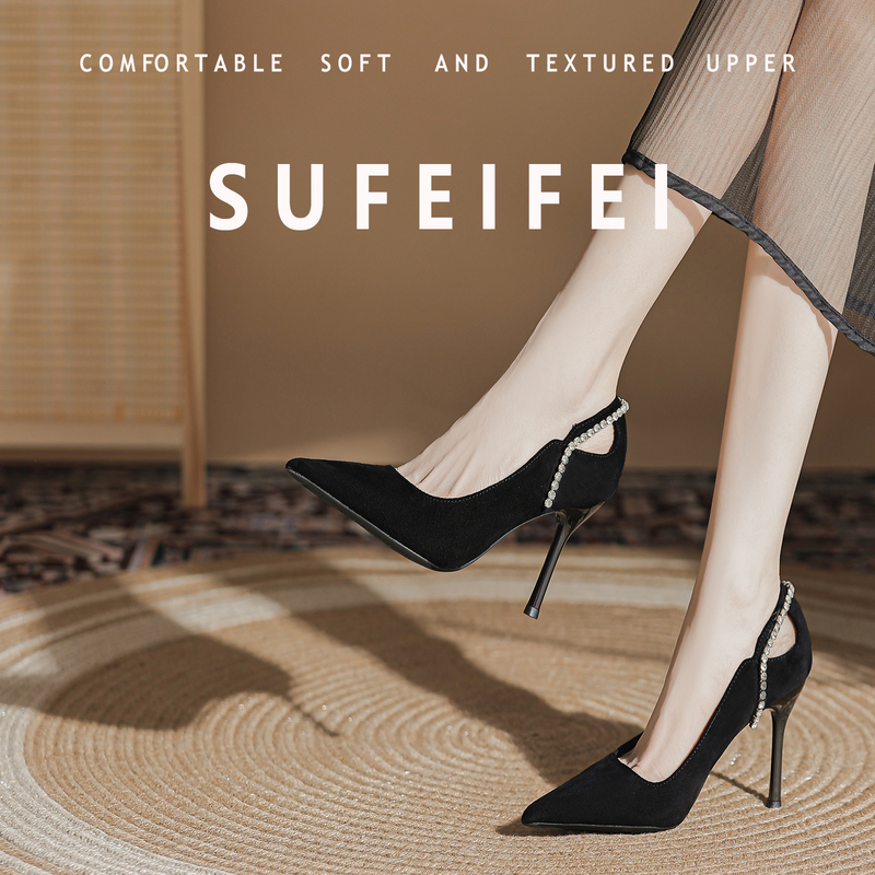 Sufeifei【Sheepskin Edition】High-Heeled Shoes for Women, Stiletto Style, Rhinestone Black, Professional Work and Commuting Flats for Women