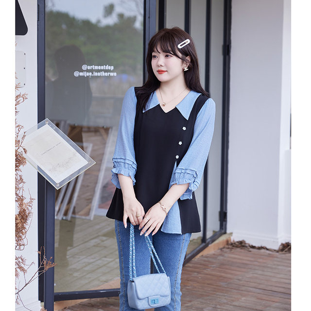 Lapel slit shirt fake two-piece waist slimming MM large size 7-quarter sleeve pullover top black spring new style