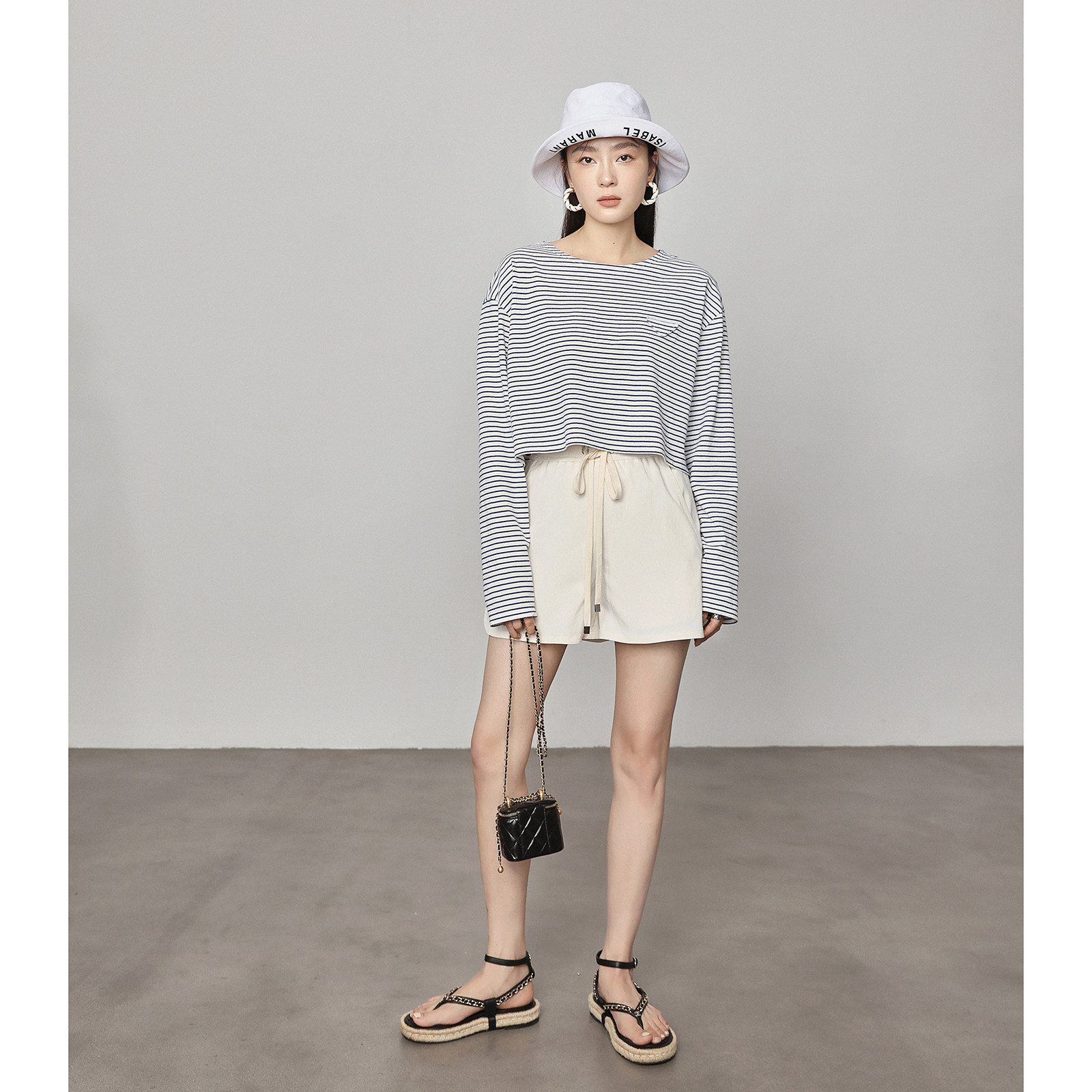 MARYME French romantic nautical wind sun protection coolness crop top with cotton-dyed striped Bai top