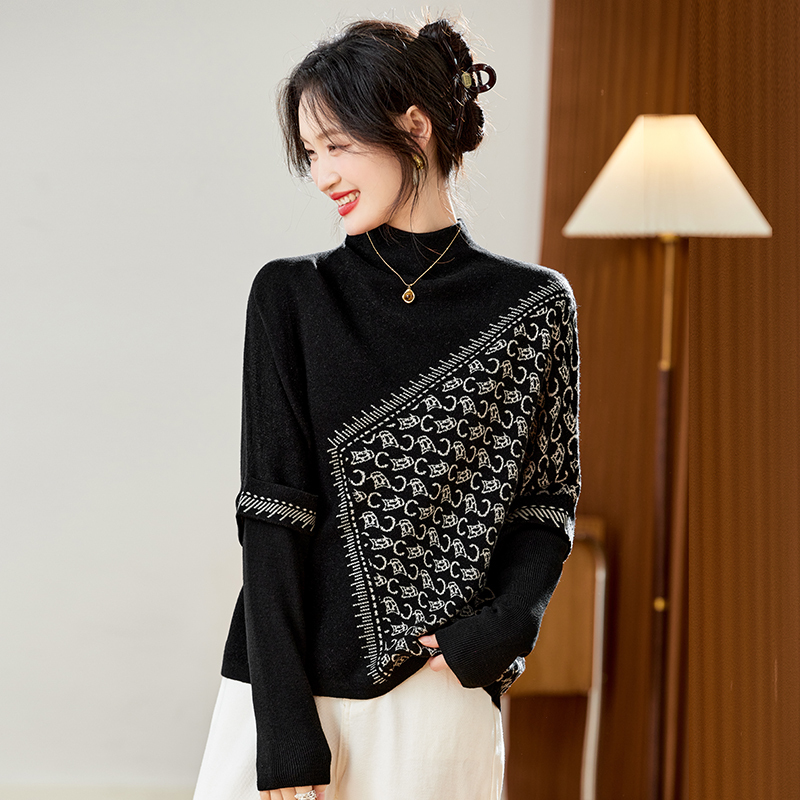 Half Turtleneck Plus Size Wool Knit Sweater for Petite Women, Pullover, Autumn and Winter Short Style, Batwing Sleeves, Vintage Embroidered Sweater