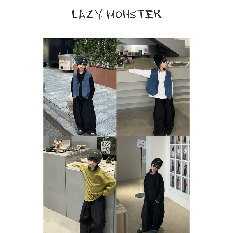 Lazy Monster Parent-Child Basic Three-Color Thin Long-Sleeve Black Scimitar Pants Denim Vest Lazy Monster Parent-Child Basic Three-Color Thin Long-Sleeve Black Scimitar Pants Denim Vest