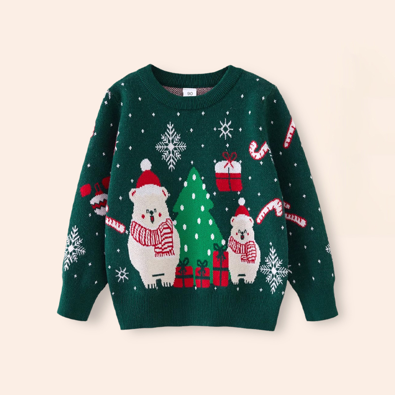 Baby Christmas Sweater, Autumn and Winter Style, Boys and Girls, Round Neck Pullover, American Style, Green Base Knitwear