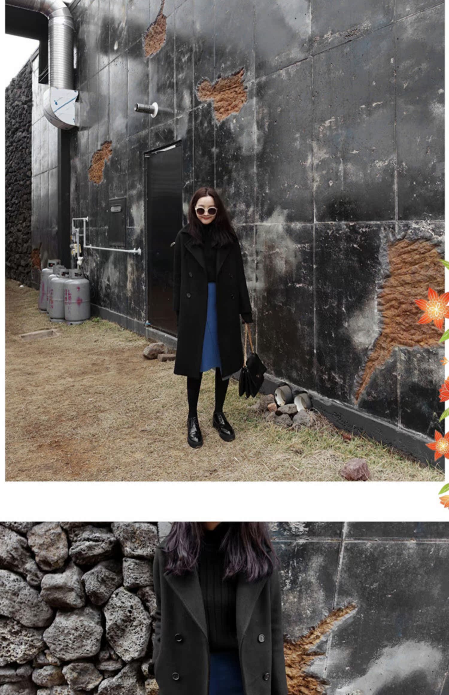 Thời trang Hàn Quốc áo len dài ve áo mỏng mùa thu và mùa đông áo khoác đen - Trung bình và dài Coat áo cardigan nữ