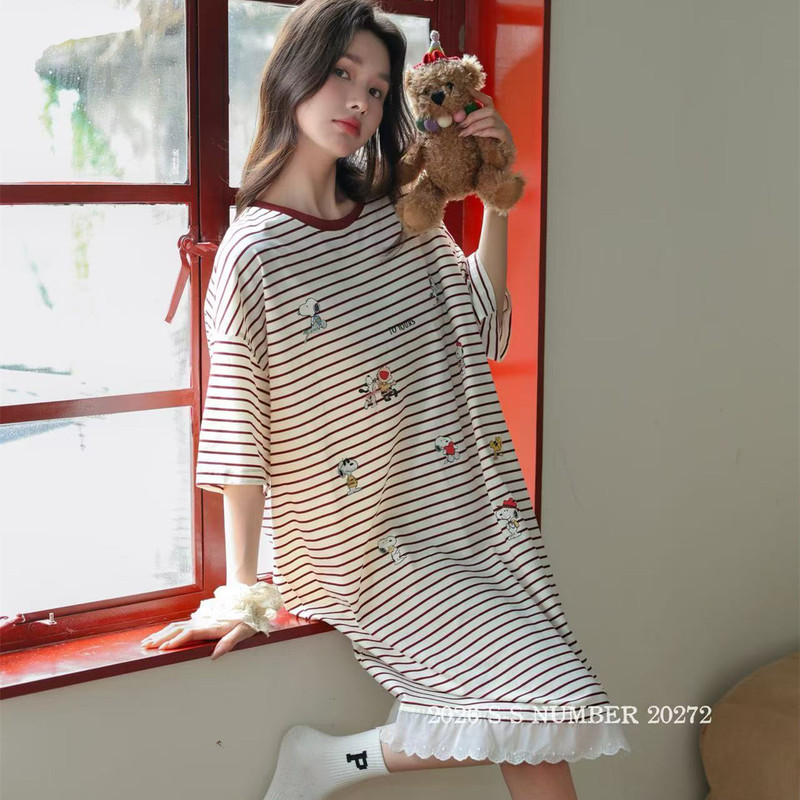 Home Princess 2026 Summer Short-Sleeve Nightgown Round Neck Pullover Casual Striped Cartoon Print Mid-Length Dress Loungewear