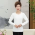 Áo dài mùa thu cho phụ nữ trung niên dài tay của phụ nữ Áo cotton cổ tròn màu rắn Áo thun trung niên đơn giản