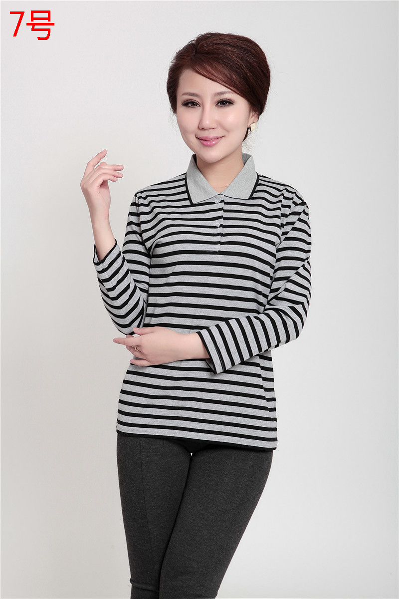 Cô Qiuyi Áo dài tay Nữ trung niên Cô Cotton Cotton Áo thun sọc ngang Áo sơ mi đơn giản trung niên quần áo cho mẹ