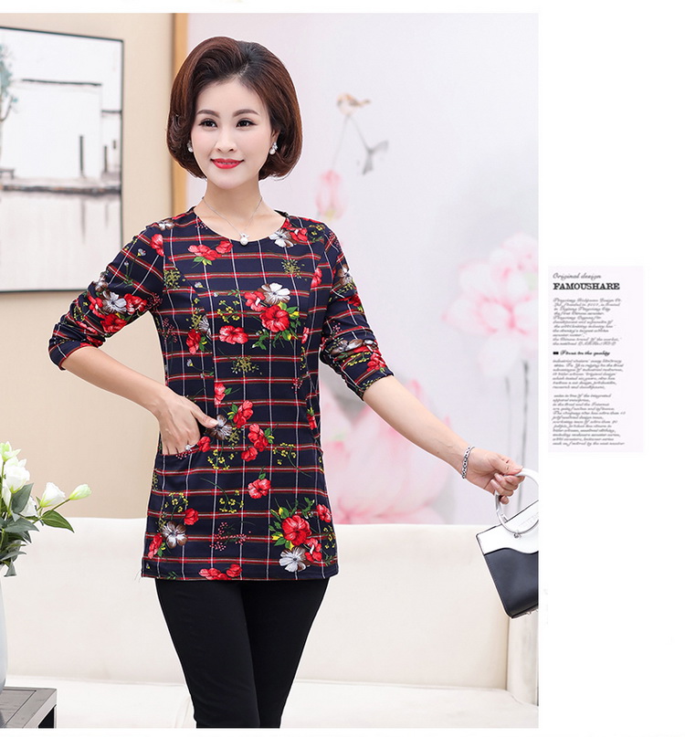 Áo thun nữ mùa thu và trung niên màu sắc nữ dài tay trung niên áo sơ mi rộng 50-60 tuổi mới 2018 áo form rộng nữ