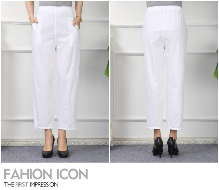 Quần dài vừa và già của phụ nữ thường mặc quần thun cotton mùa xuân và quần mùa thu cotton thêu chín quần cỡ lớn quần jean nữ