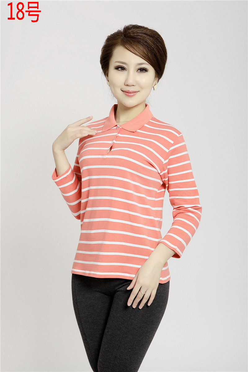Cô Qiuyi Áo dài tay Nữ trung niên Cô Cotton Cotton Áo thun sọc ngang Áo sơ mi đơn giản trung niên quần áo cho mẹ