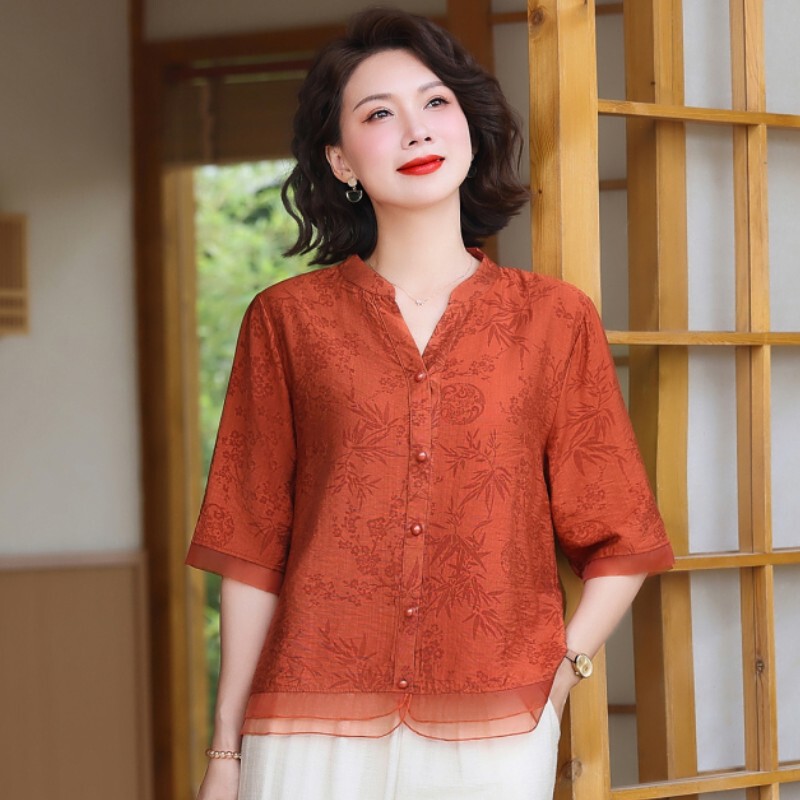 Middle-Aged Mom's Summer Shirt, New Style for Women, Age-Reducing Fashion Loose Blouse, Five-Quarter Sleeve Cotton-Linen Shirt