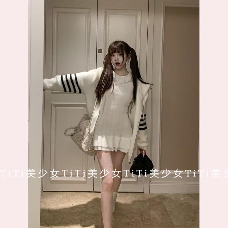 【Titi Beautiful Girl】Autumn and Winter Dog-Print Four-Stripe Mink Fur Hooded Loose-Fitting Youthful Pure Desire Style Cardigan Jacket