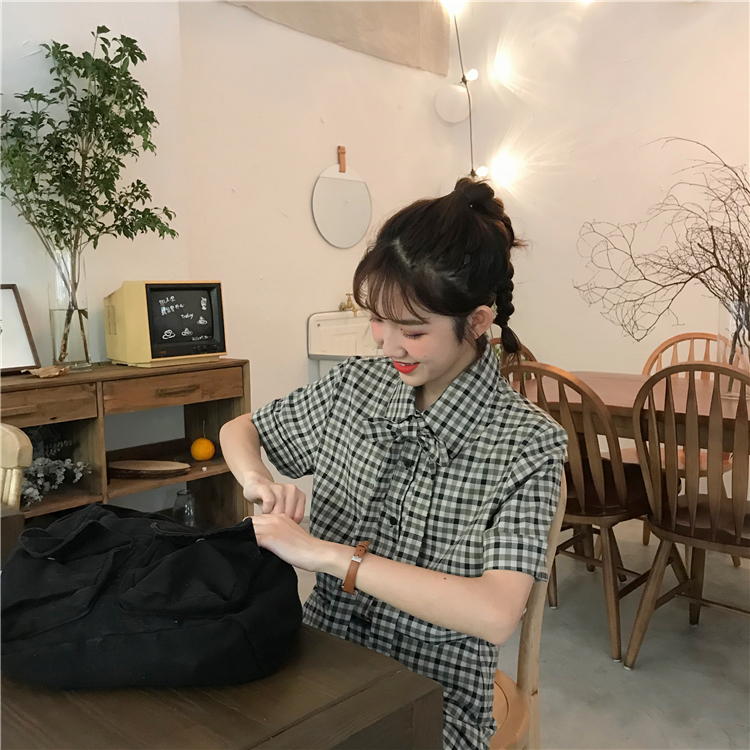 VK旗艦店 韓系寬鬆復古格紋套裝短袖裙裝