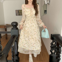 Large size spring summer micro fat MM collection waist display slim style square collar irregular long skirt Tibetan meat crumbled and snow-spun one-piece dress