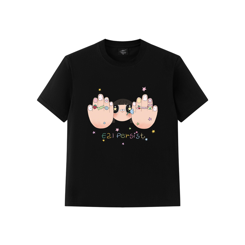 E21 Trendy Cartoon Character Print Short-Sleeve Summer Design Casual Crew Neck T-Shirt Versatile Top for Couples