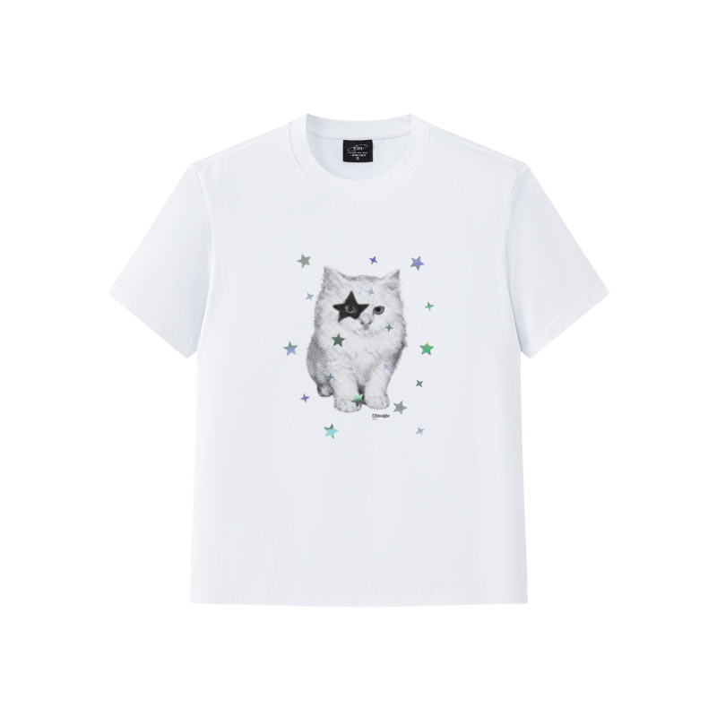 E21 Niche Design Star-Eye-Covering Cat T-Shirt Unisex Summer Regular Shoulder Short-Sleeve Ins Trendy Brand Top