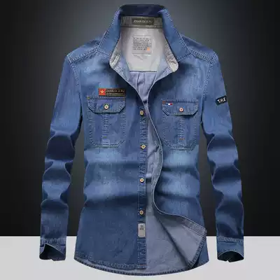 Spring Japanese tooling retro denim shirt men long sleeve solid color coat Korean version of net Red Tide brand loose shirt men