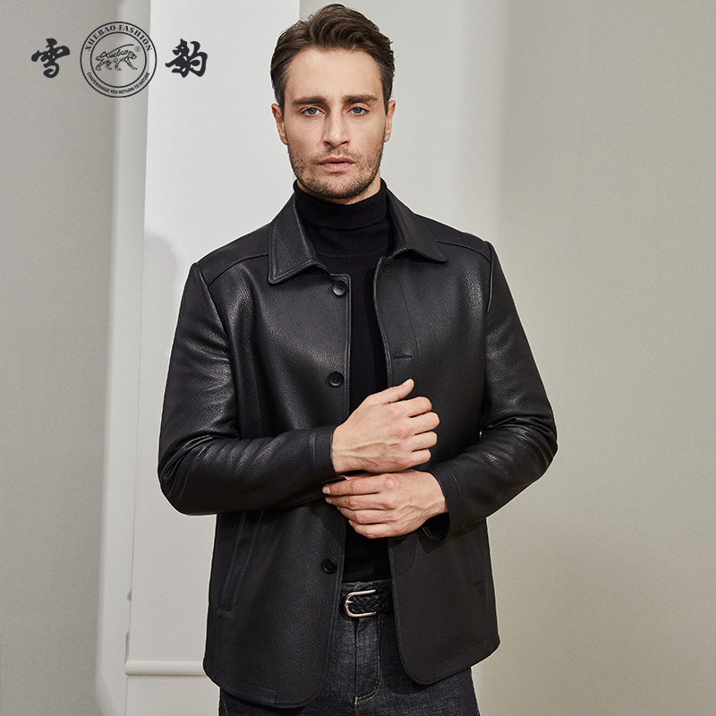 Snow Leopard Dermis Fur Coat Head Layer Deer Skin 2020 Fall New Pint Collar Mid-Length Version Loose Business Leather Jacket Man
