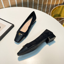 LAO JIE (Recommended for temperament) European style British style thick heel square toe stitching suede comfortable soft leather