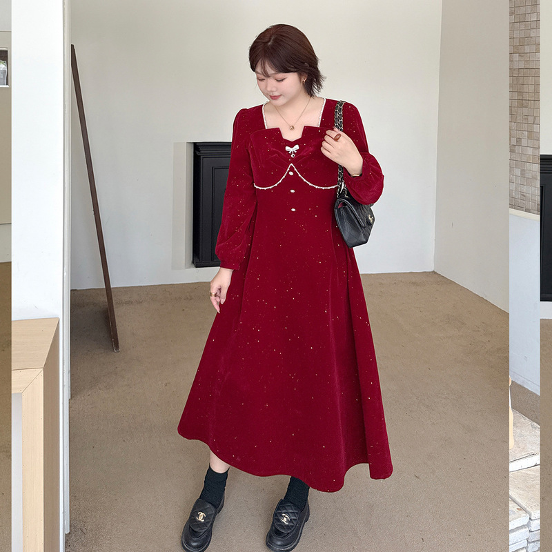 Plus Size Dress for Fat Women, New Autumn and Winter Fashion, Elegant New Year's Toast Dress, Shiny Red French Engagement Dress