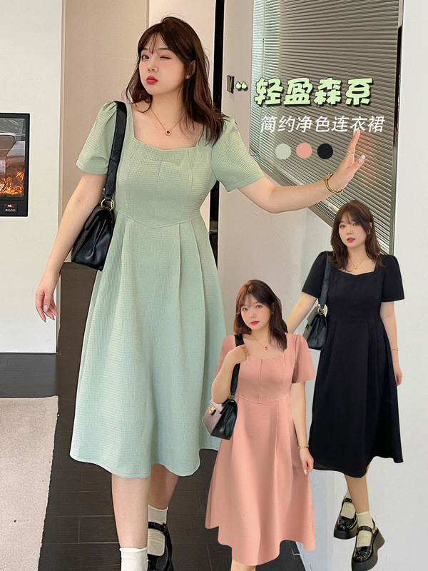 Plus Size Women's Clothing 100kg Summer Square Neck Dress for Fat Women, Waist Slimming, Elegant French Style Mid-Length Dress Plus Size Women's Clothing 100kg Summer Square Neck Dress for Fat Women, Waist Slimming, Elegant French Style Mid-Length Dress