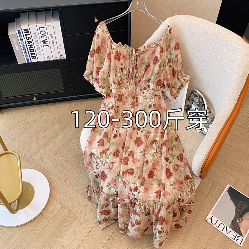 High-End Dress for Women, Summer 100kg Plus Size, French Pastoral Style Floral Dress, A-Line Dress, Waist-Cinching and Slimming High-End Dress for Women, Summer 100kg Plus Size, French Pastoral Style Floral Dress, A-Line Dress, Waist-Cinching and Slimming