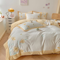 ins warm high end simple embroidery four-piece quilt cover milk velvet coral velvet bedding padded double-sided velvet Korean