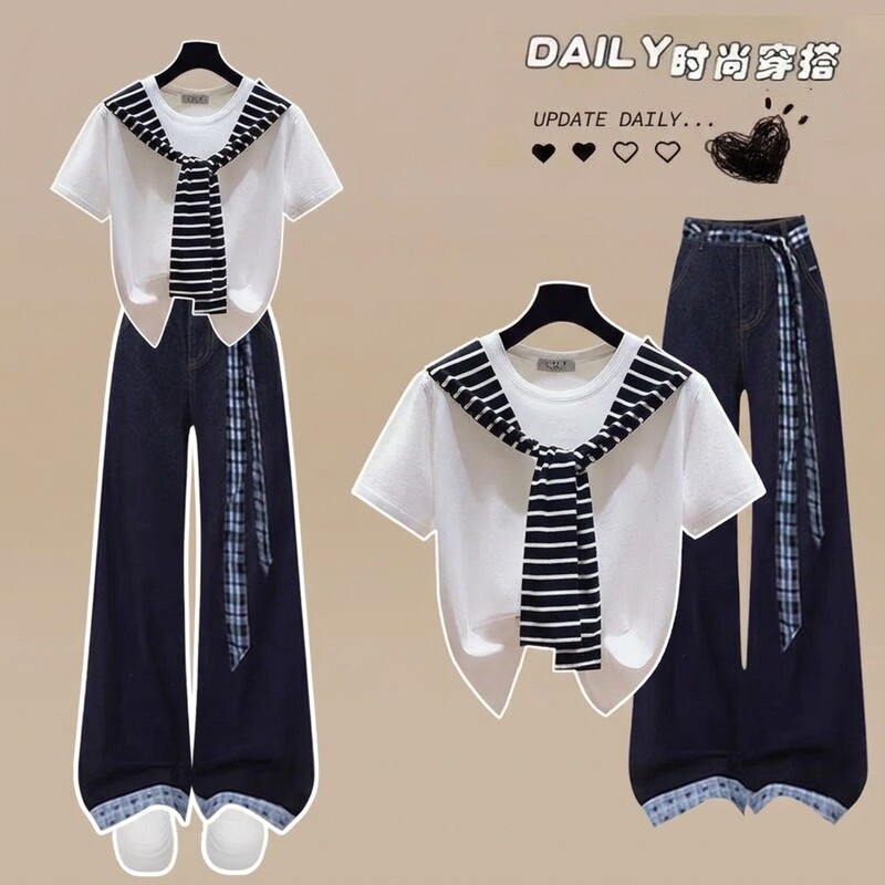 Summer Chic and Stylish Internet-Famous Slim-Fit Short-Sleeve T-Shirt and Youthful Denim Pants Two-Piece Set for Girls Summer Chic and Stylish Internet-Famous Slim-Fit Short-Sleeve T-Shirt and Youthful Denim Pants Two-Piece Set for Girls