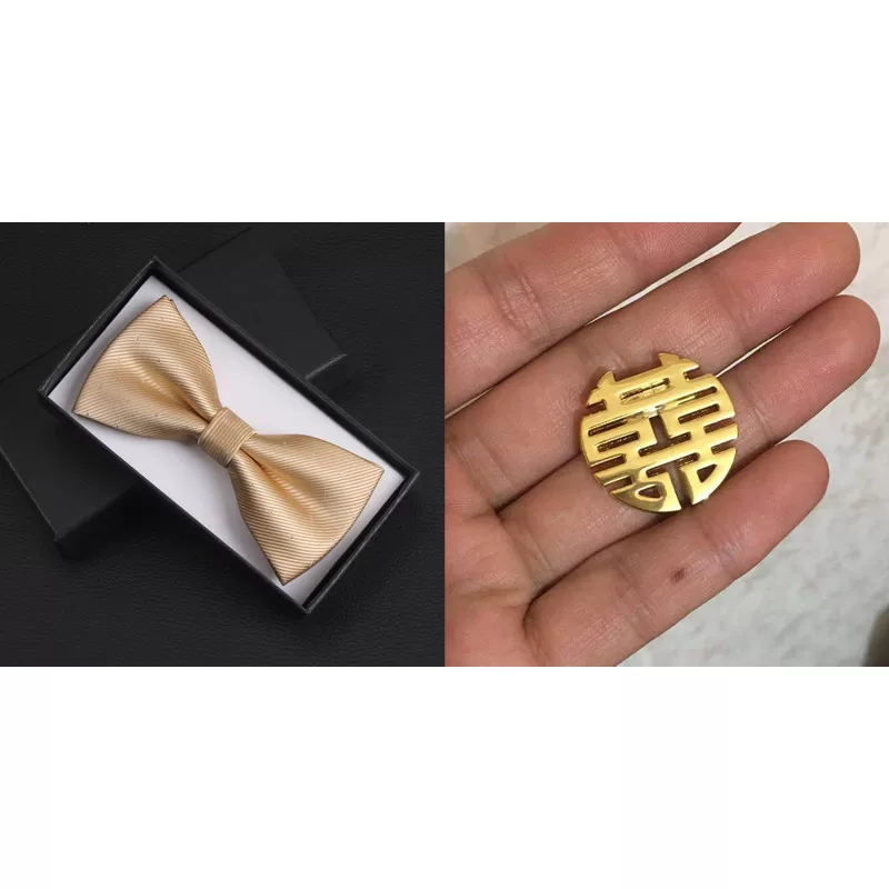 Golden wedding dress for men and women, beige bow tie with bow, champagne color