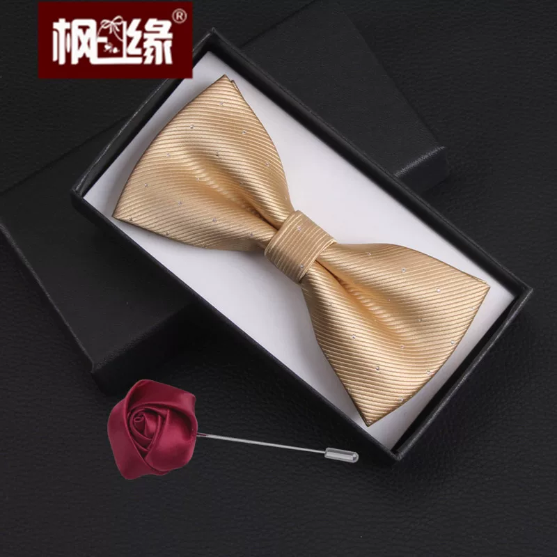 Golden wedding dress for men and women, beige bow tie with bow, champagne color
