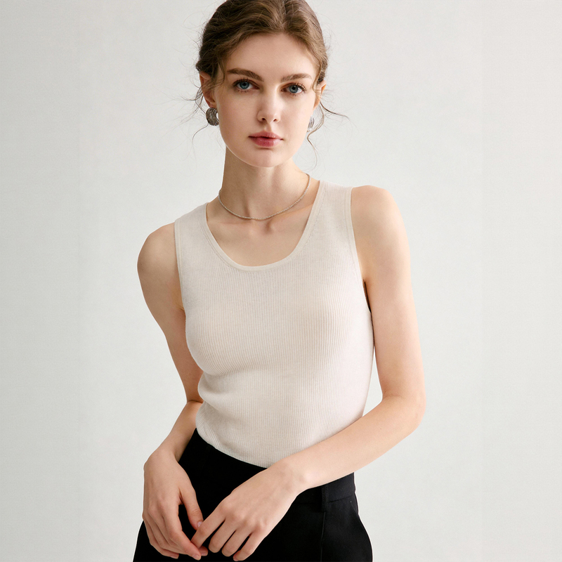 Minimalist Style 100% Pure Wool Slim-Fit Round-Neck Sleeveless Knit Vest for Women, Thin and Skin-Friendly Breathable Base Layer