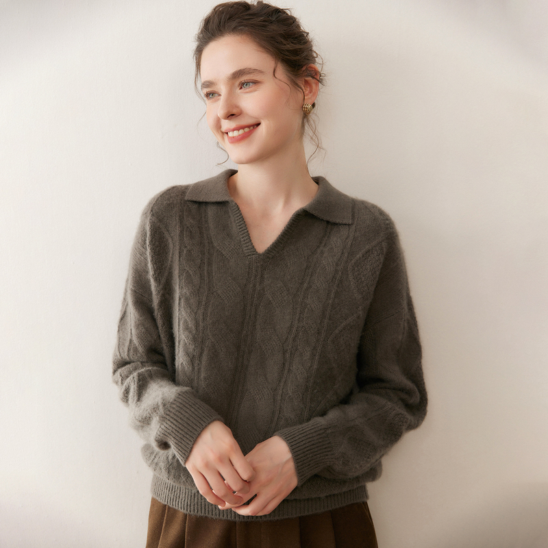25 New Winter Cashmere Sweater for Women, Polo Small Open Collar Cable Knit Base Sweater, Skin-Friendly Loose Wool Sweater 25 New Winter Cashmere Sweater for Women, Polo Small Open Collar Cable Knit Base Sweater, Skin-Friendly Loose Wool Sweater