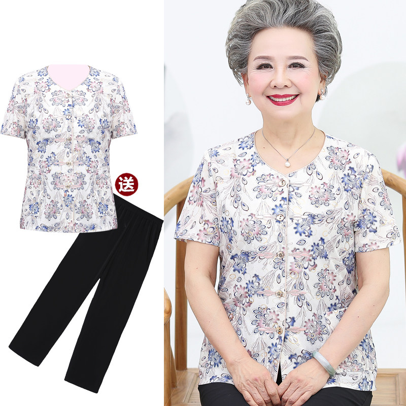 Grandma's summer dress short-sleeved suit 60-70 years old middle-aged and elderly women's T-shirt two-piece wife mother clothes