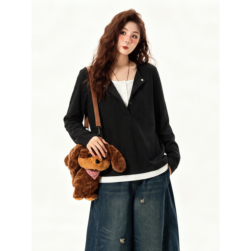 Korean Style Black Fake Two-Piece Design Long-Sleeve T-Shirt for Women, New Autumn Style, Plus Size, Loose Fit, Slimming, Regular Shoulder Top Korean Style Black Fake Two-Piece Design Long-Sleeve T-Shirt for Women, New Autumn Style, Plus Size, Loose Fit, Slimming, Regular Shoulder Top