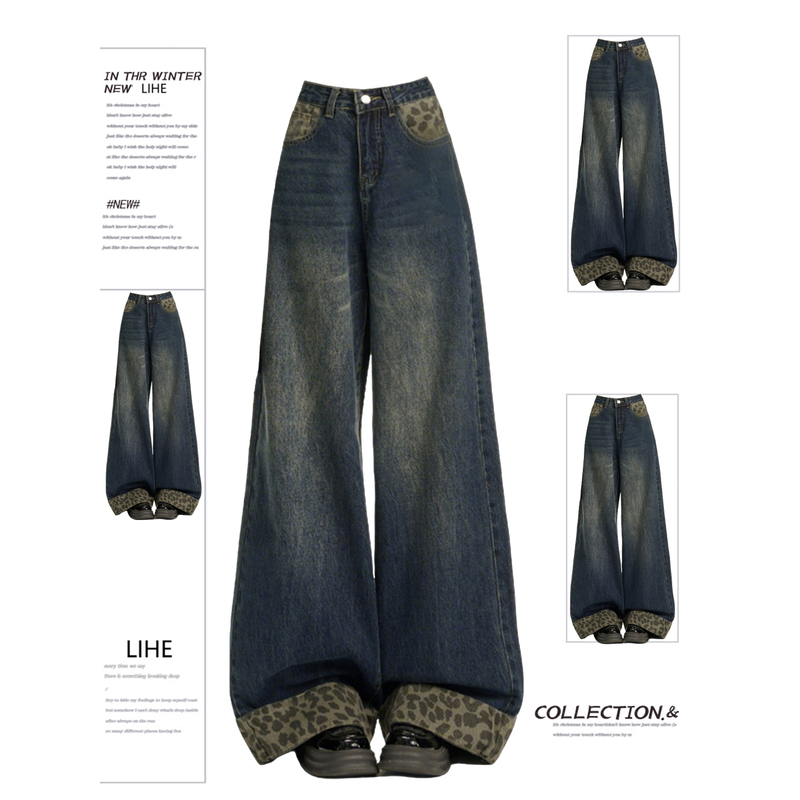 Extra Large American-Style Leopard Print Patchwork Wide-Leg Jeans for Women, New Autumn Pants for Plus-Size Women, Loose and Slimming Straight-Leg Pants Extra Large American-Style Leopard Print Patchwork Wide-Leg Jeans for Women, New Autumn Pants for Plus-Size Women, Loose and Slimming Straight-Leg Pants