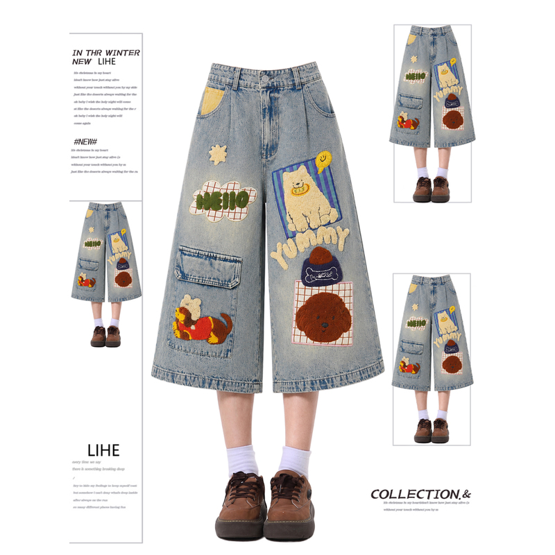 American-Style Cartoon Embroidered Denim Capri Pants for Women, Summer Mid-Length Pants, Plus Size, Loose Fit, Slimming, Wide-Leg Cargo Shorts