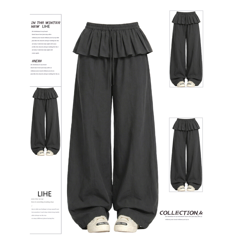 Dark Gray Faux Two-Piece Wide-Leg Pants for Women, Summer Quick-Dry Pants, Plus Size, Lazy Loose Ice Silk Casual Pants