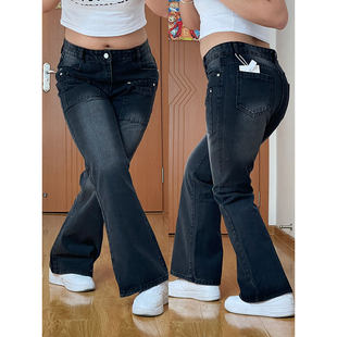 Black autumn jeans, flared trousers, plus size