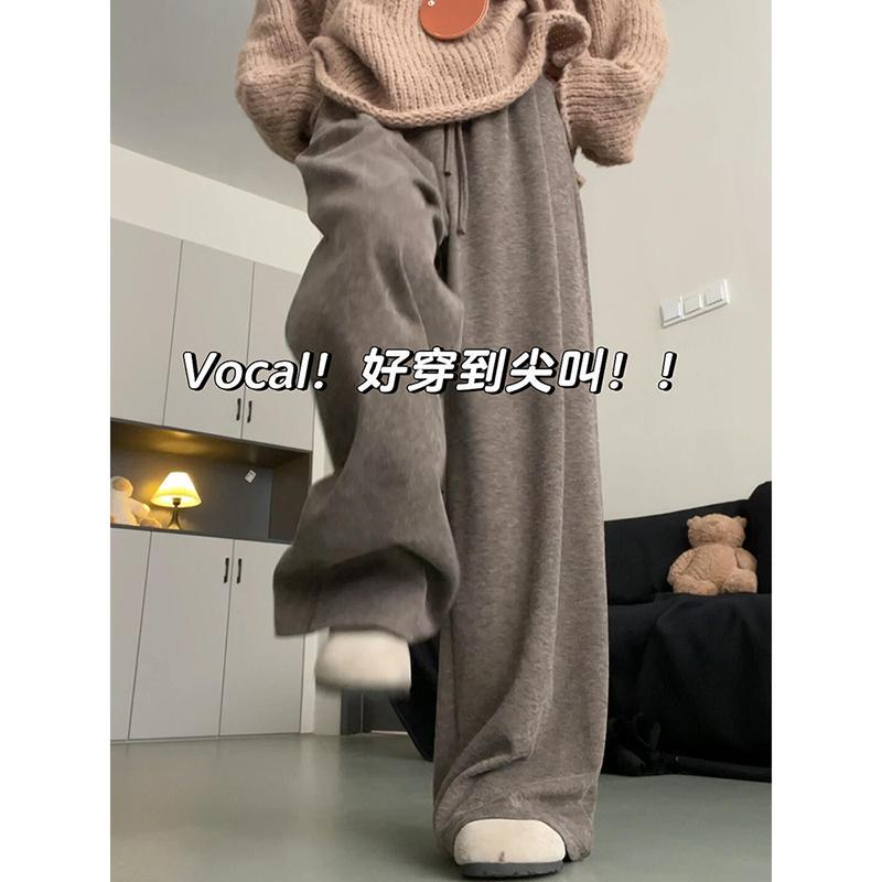150kg Plus Size Brown Glutinous Rice Pants for Women, Autumn Fleece-Lined Pants, Loose Slimming Straight-Leg Casual Wide-Leg Pants