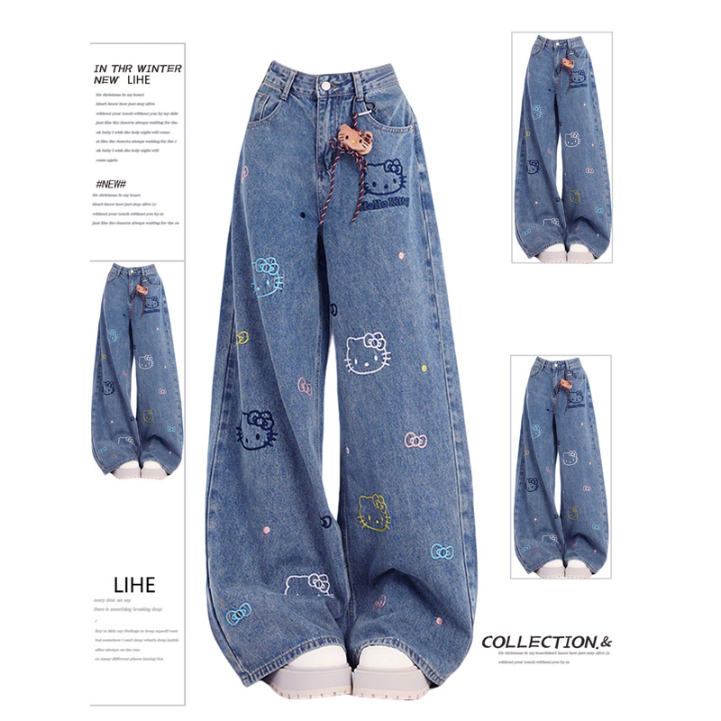 American Retro Kitty Embroidered Jeans for Women, Spring Pants, Plus Size, Loose Fit, Slimming, Floor-Length Wide-Leg Pants American Retro Kitty Embroidered Jeans for Women, Spring Pants, Plus Size, Loose Fit, Slimming, Floor-Length Wide-Leg Pants