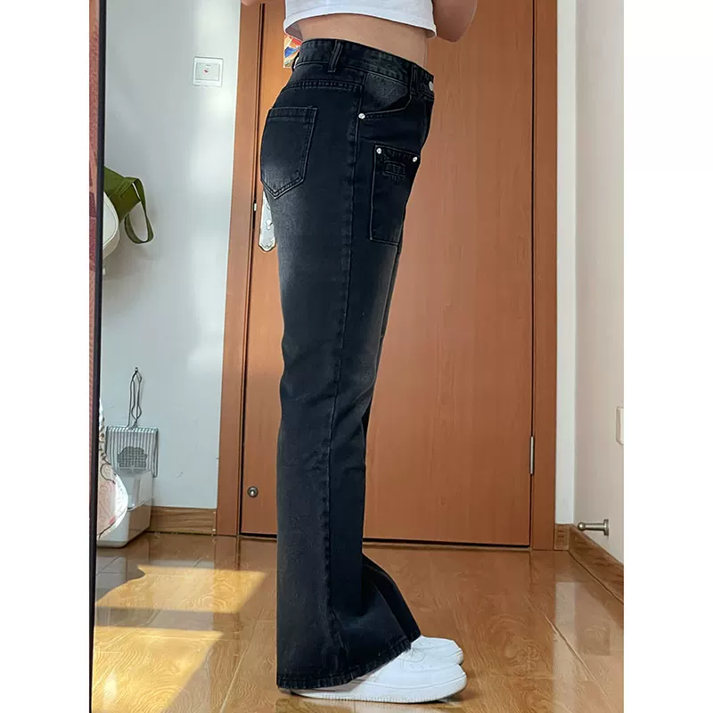 Black autumn jeans, flared trousers, plus size