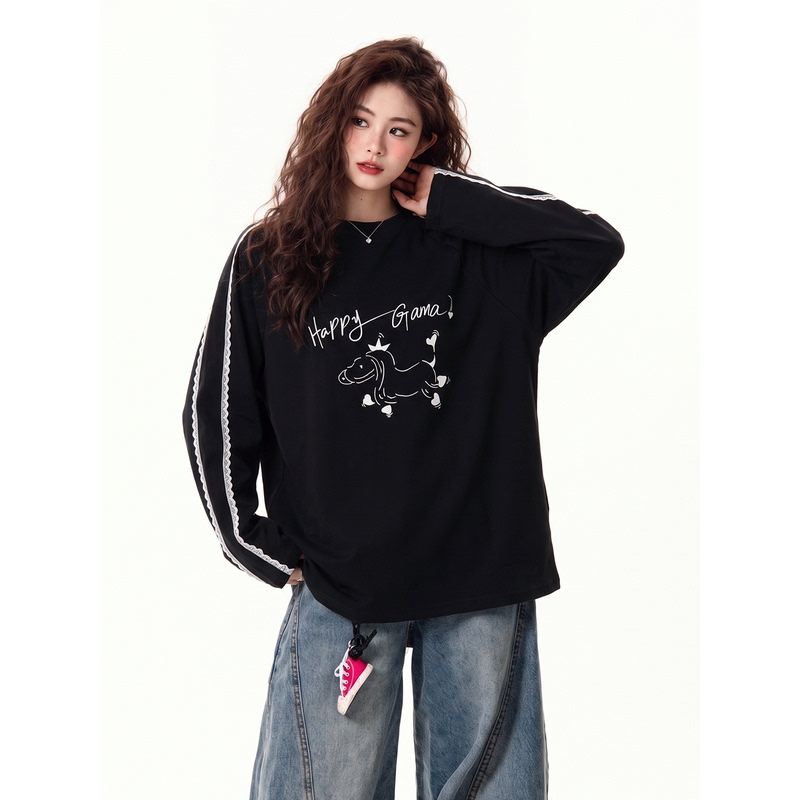 Plus-Size Black Lace Patchwork Long-Sleeve T-Shirt for Women, New Autumn Style, Loose Fit, Slimming Design, Printed Top Plus-Size Black Lace Patchwork Long-Sleeve T-Shirt for Women, New Autumn Style, Loose Fit, Slimming Design, Printed Top