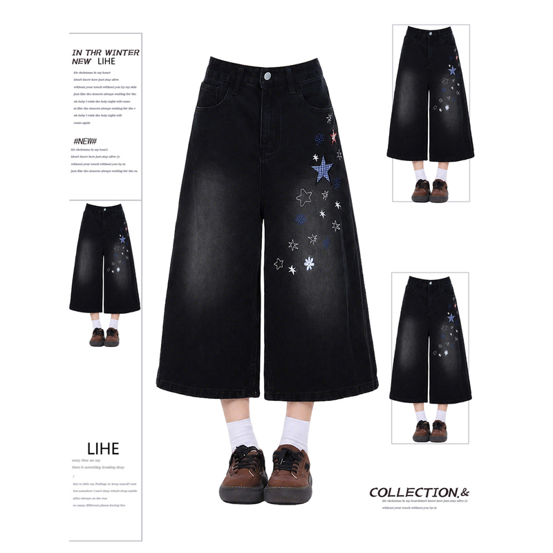 Plus-Size Star Patch Embroidered Wide-Leg Denim Shorts for Women, New Summer Style, High-Waisted, Slimming, Straight-Leg, Capri Pants for Curvy Women Plus-Size Star Patch Embroidered Wide-Leg Denim Shorts for Women, New Summer Style, High-Waisted, Slimming, Straight-Leg, Capri Pants for Curvy Women