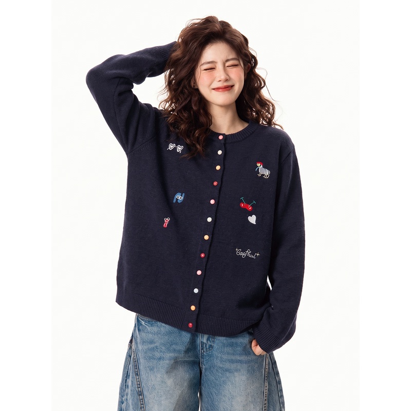 Plus-Size Women's Cartoon Embroidered Soft Knit Cardigan, Autumn and Winter Sweater for Chubby Women, Loose and Slimming Design Jacket Plus-Size Women's Cartoon Embroidered Soft Knit Cardigan, Autumn and Winter Sweater for Chubby Women, Loose and Slimming Design Jacket