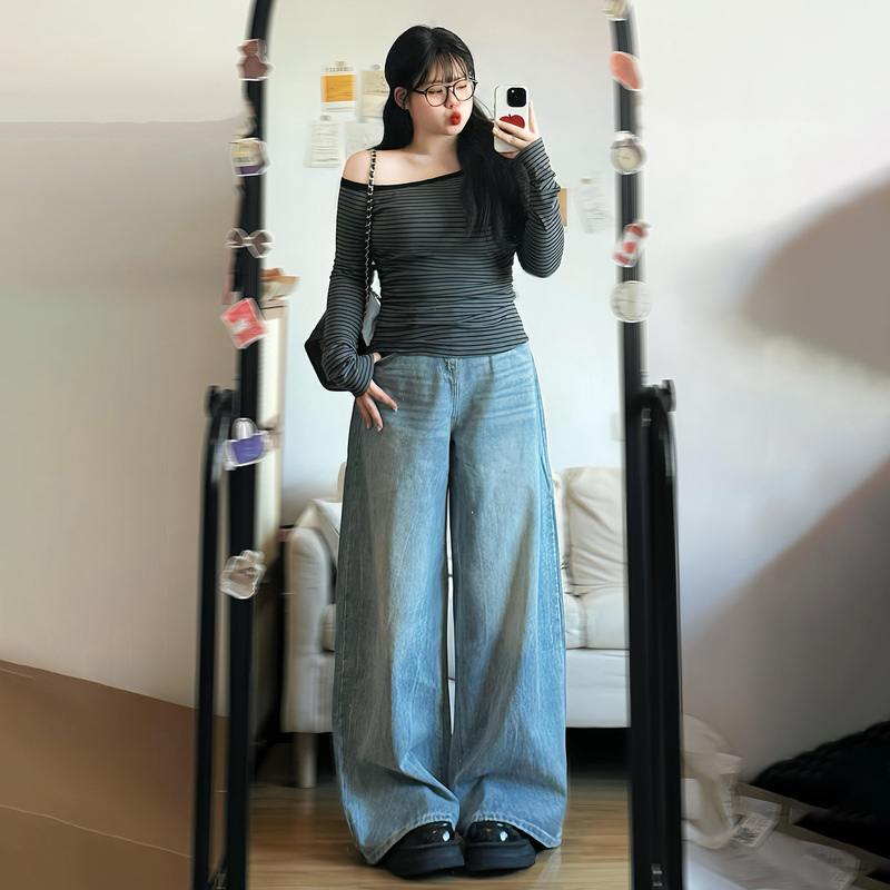 Plus Size Women's Blue Wide-Leg Jeans for Spring, Loose Fit, Slimming, Pear-Shaped Body, Straight-Leg Pants