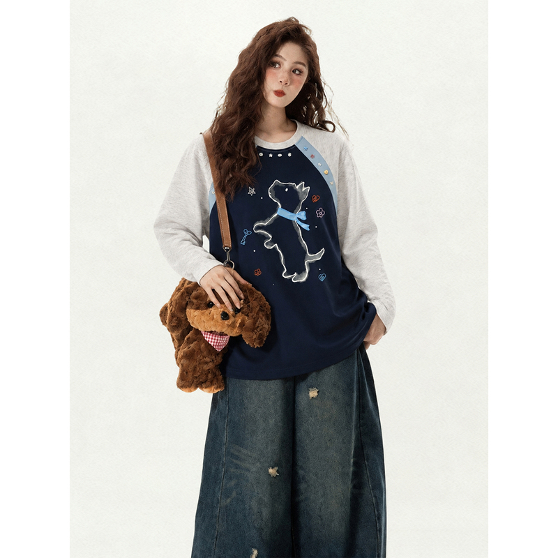 American-Style Puppy Print Raglan Long-Sleeve T-Shirt for Women, Autumn, Plus Size, Loose Fit, Slimming Design, Stylish Top for Wearing Alone American-Style Puppy Print Raglan Long-Sleeve T-Shirt for Women, Autumn, Plus Size, Loose Fit, Slimming Design, Stylish Top for Wearing Alone