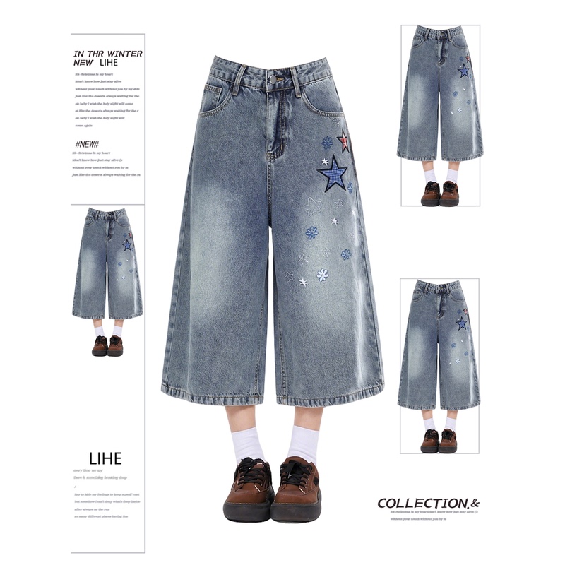 Plus-Size American-Style Star Patch Wide-Leg Denim Capri Pants for Women, New Summer High-Waisted Straight Shorts for Curvy Women Plus-Size American-Style Star Patch Wide-Leg Denim Capri Pants for Women, New Summer High-Waisted Straight Shorts for Curvy Women