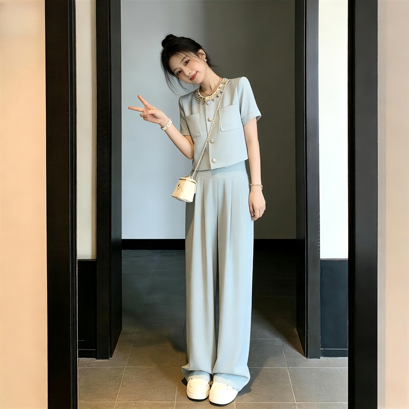 Tweed Style Suit for Women 2026 Summer New Style High-End Short-Sleeved Wide-Leg Pants Two-Piece Set Slimming and Elegant Women's Clothing
