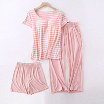 2022 new female summer with chest cushion Modale short sleeve pyjamas striped half sleeve 70% long pants home Suit Suit