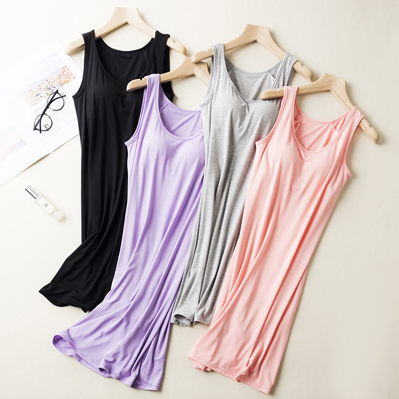 Mùa hè nữ phương thức với ngực pad cup một đoạn dài đáy petticoat vest váy đồ ngủ không tay nightdress